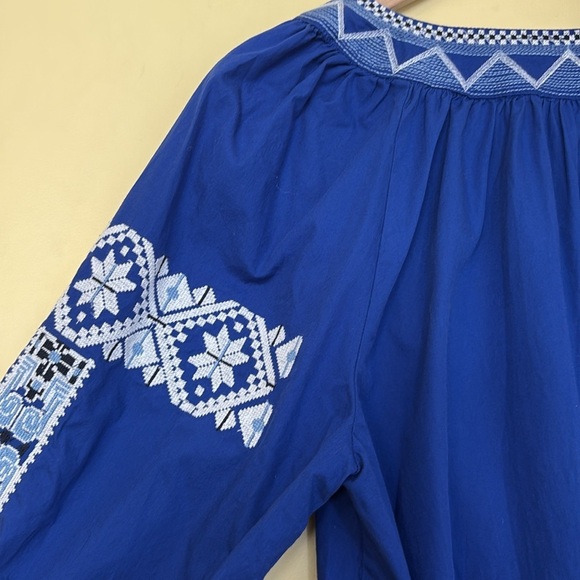 Crown & Ivy | Blue Embroidered Split Neck Tassel Tie Long Sleeve Bohemian Top M - Picture 5 of 16